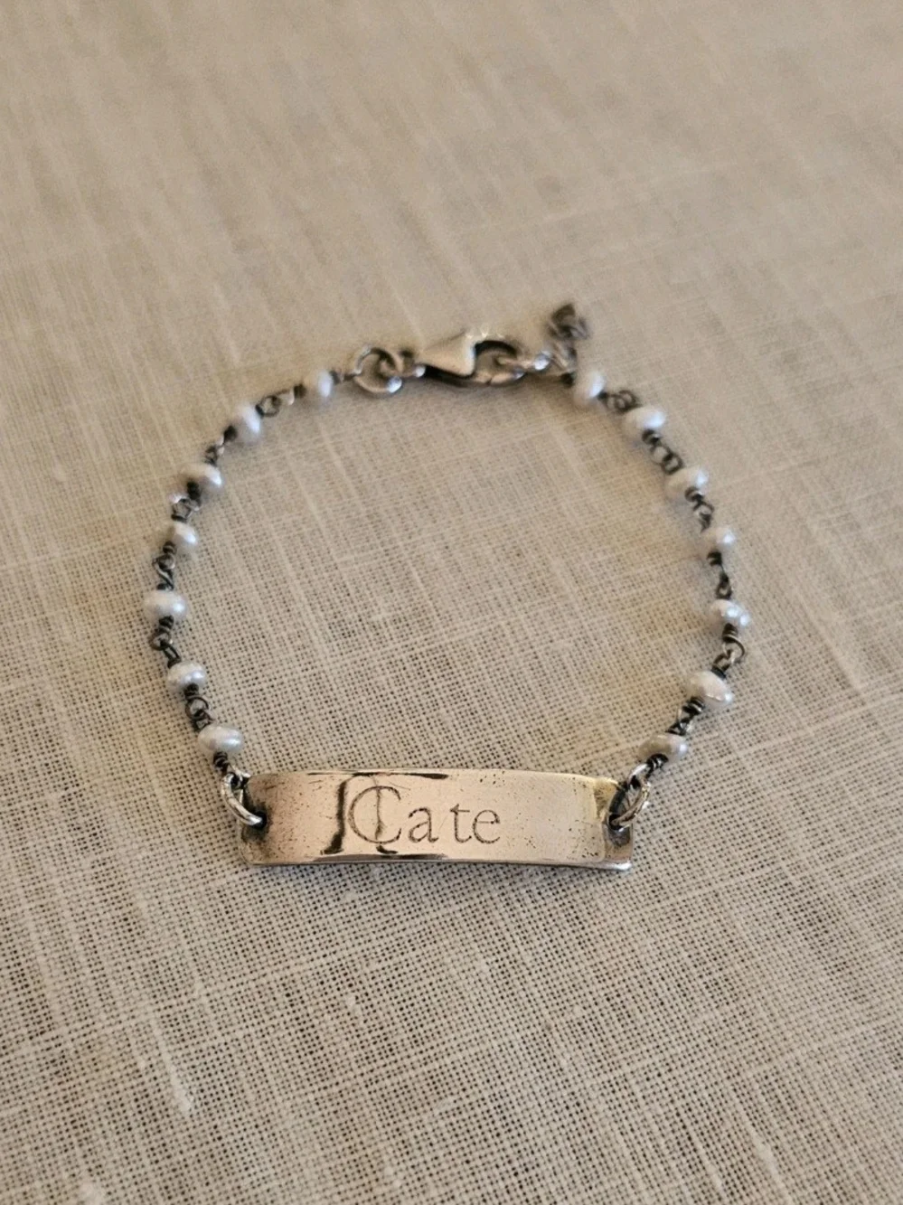 925 Sterling Silver Engraved CATE Name ID Bar Bracelet Freshwater Pearl Accent